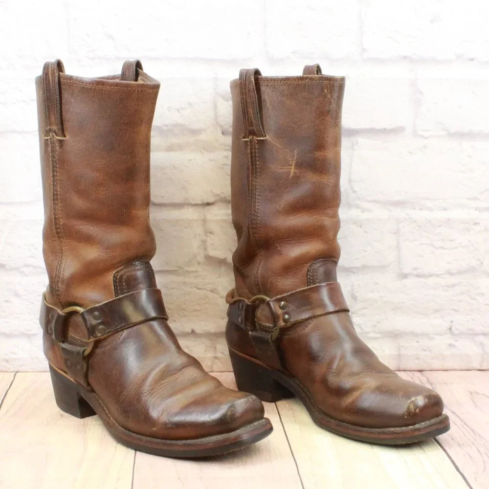 Vintage Frye Brown Leather Mid Calf Harness Western Boots Size 8.5 Medium - Picture 3 of 11